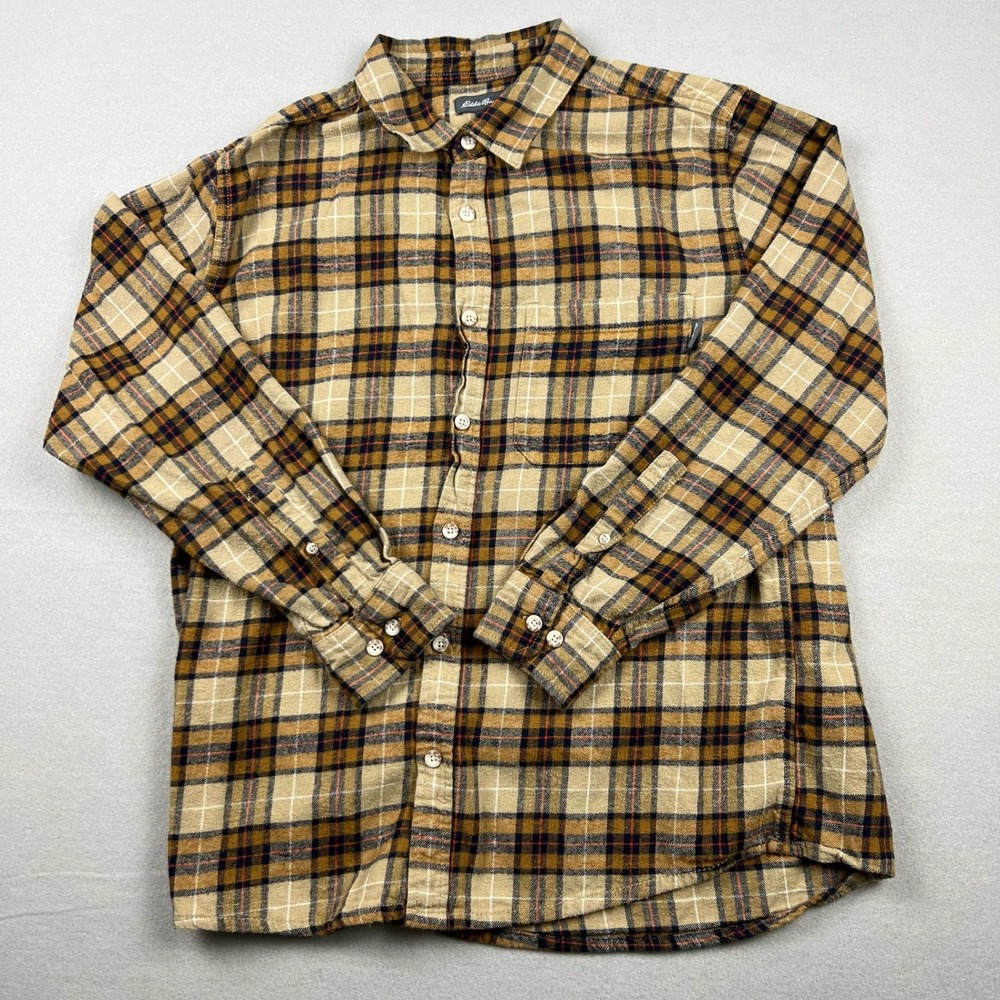 Eddie Bauer Men's Large Tan Brown Flannel Plaid Button Down Long Sleeve Shirt